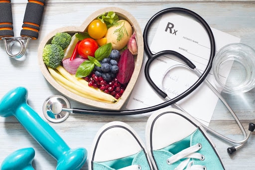 Healthy lifestyle concept with diet fitness and medicine background